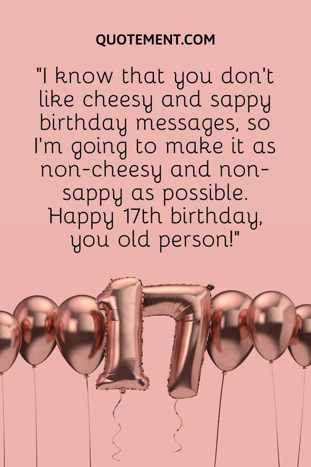 “I know that you don’t like cheesy and sappy birthday messages, so I’m going to make it as non-cheesy and non-sappy as possible. Happy 17th birthday, you old person!”