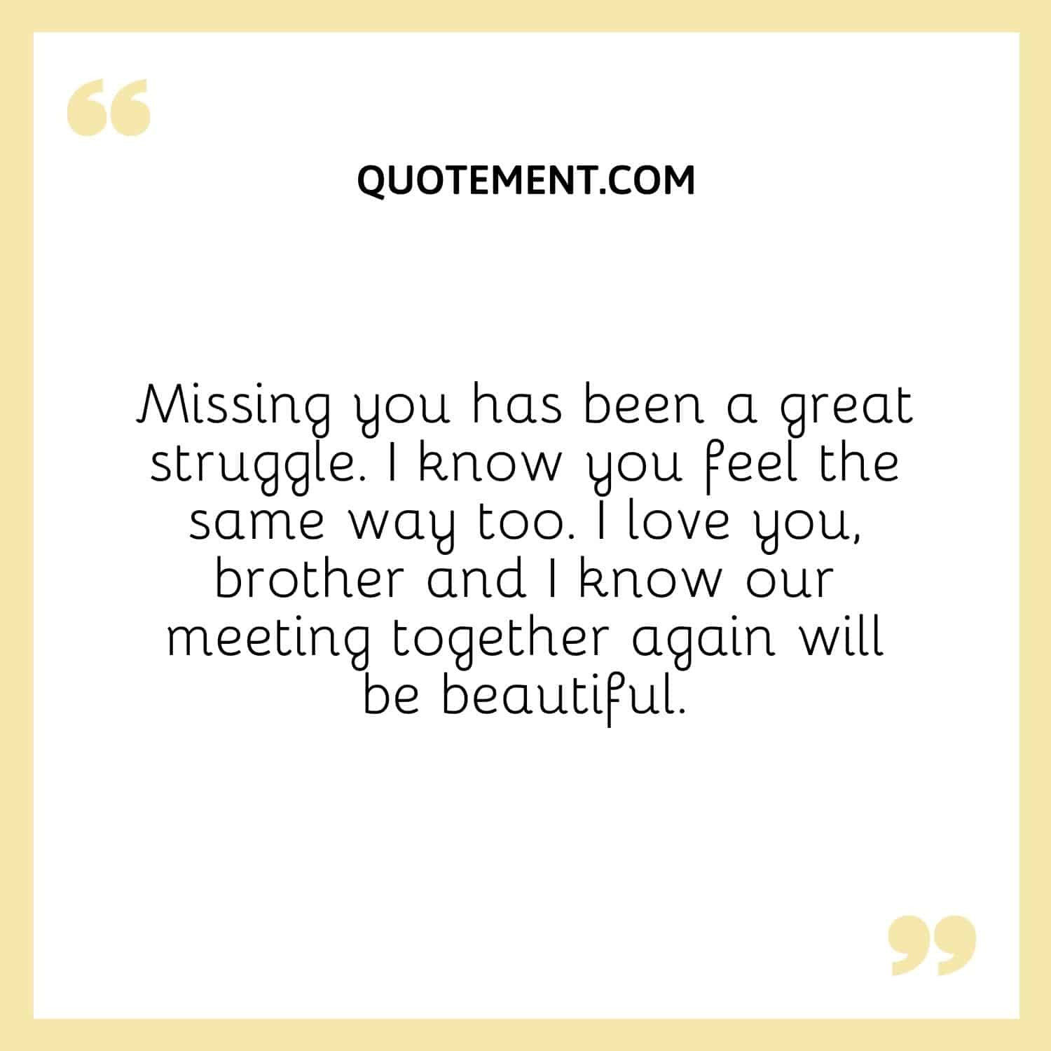 Missing you has been a great struggle. I know you feel the same way too. I love you, brother and I know our meeting together again will be beautiful.