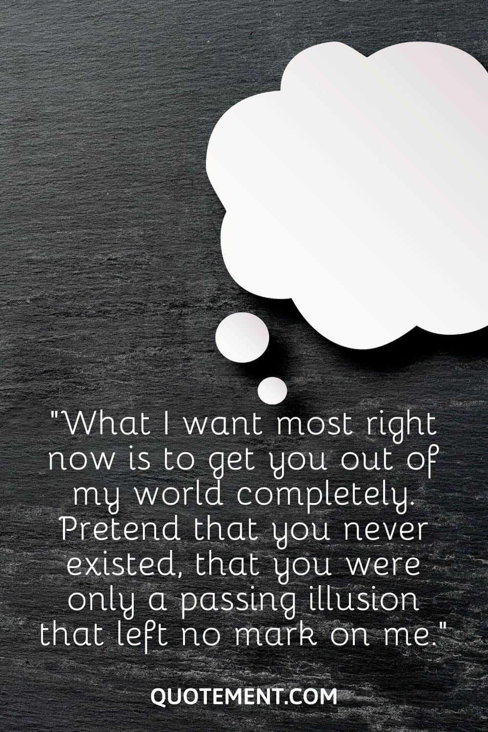 “What I want most right now is to get you out of my world completely. Pretend that you never existed, that you were only a passing illusion that left no mark on me.”