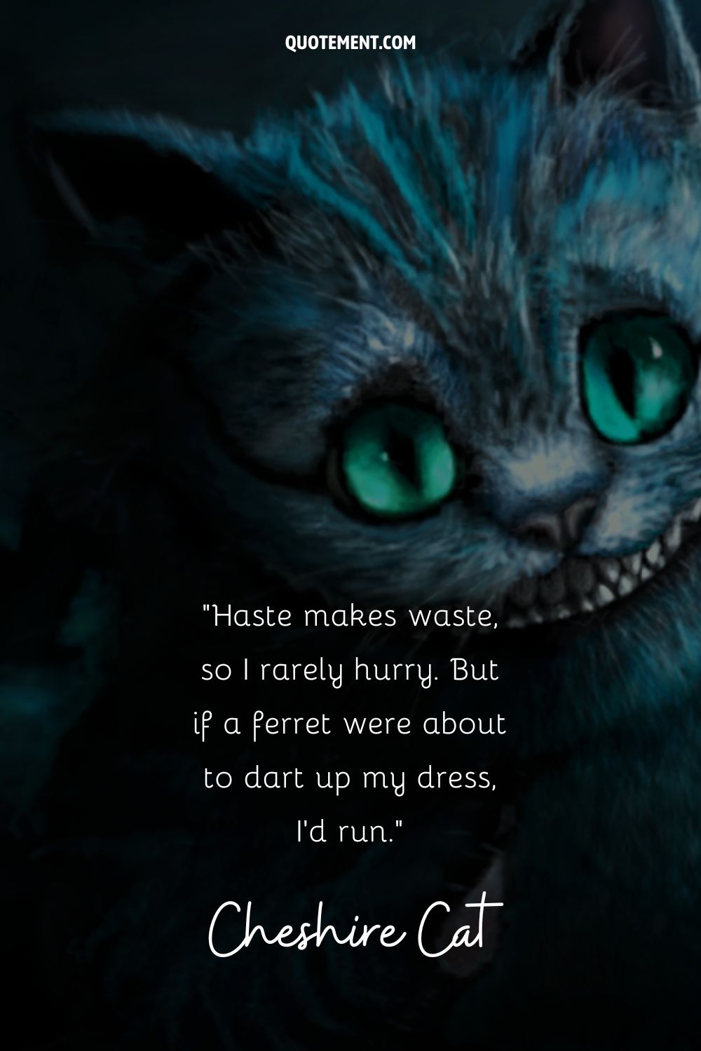 Brilliant quote by the Cheshire Cat and its image in the background as well