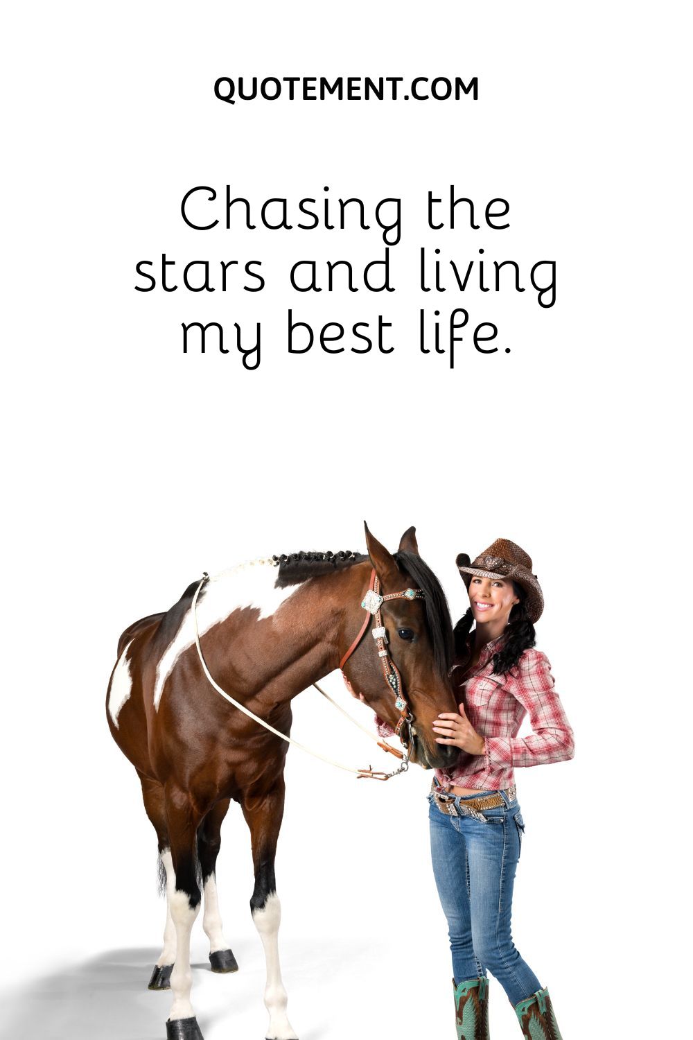 a black-haired girl in cowboy hat posing with a horse.