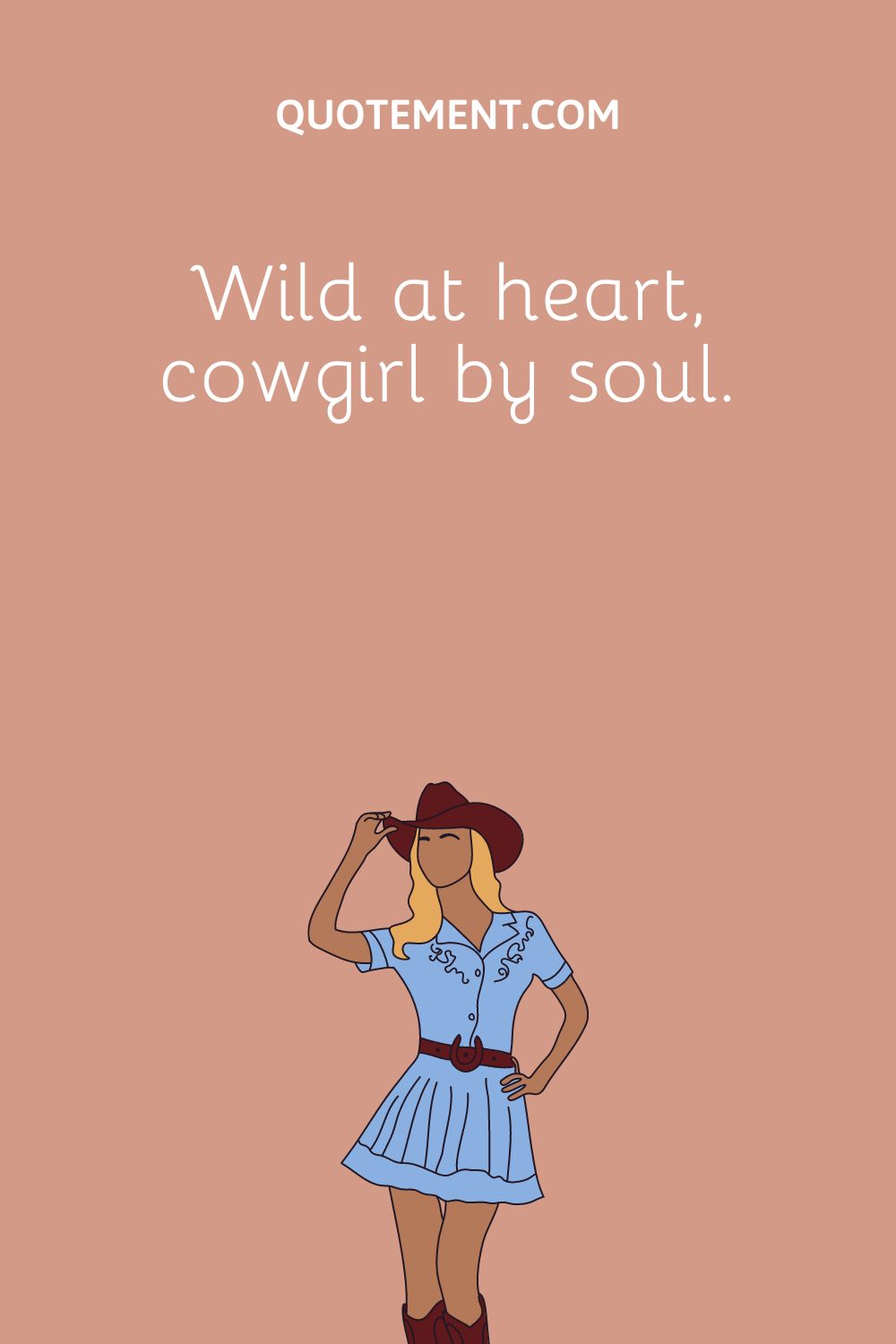 a girl in a blue dress wearing a cowboy boots and hat representing a great cowgirl caption
