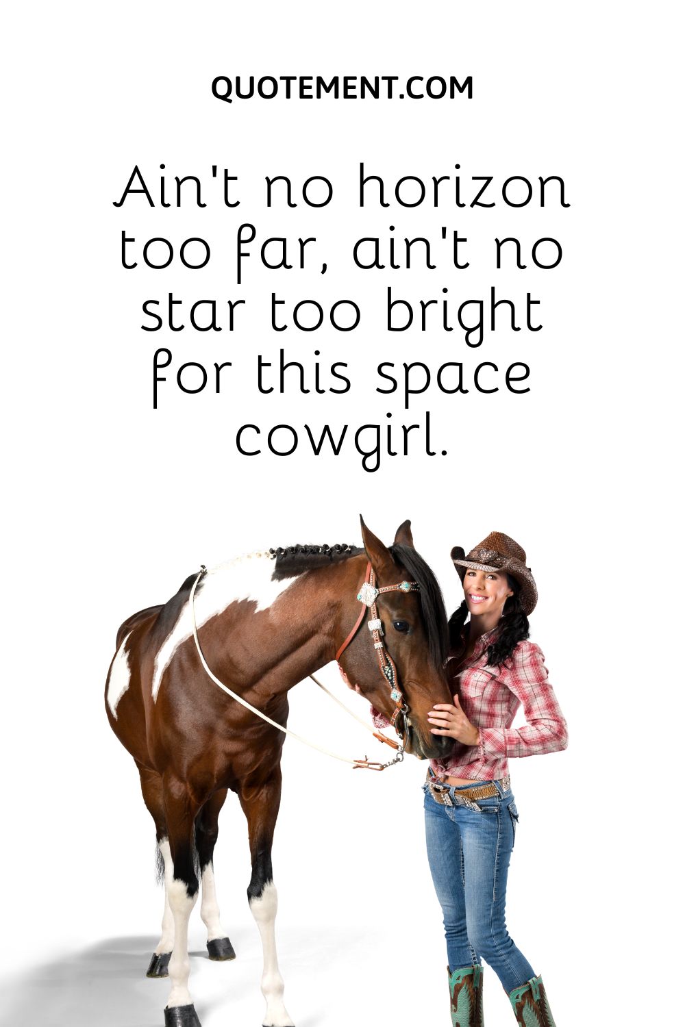 a girl in a cowboy outfit posing with a horse
