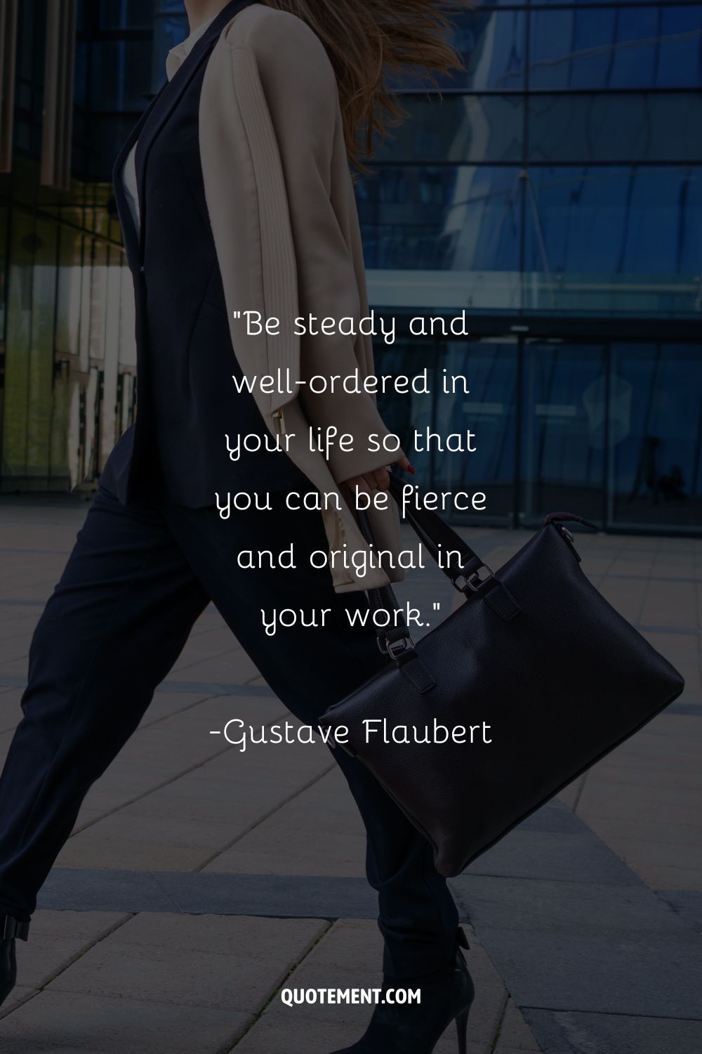 A woman rocks her fashion-forward suit and briefcase representing caption for new job