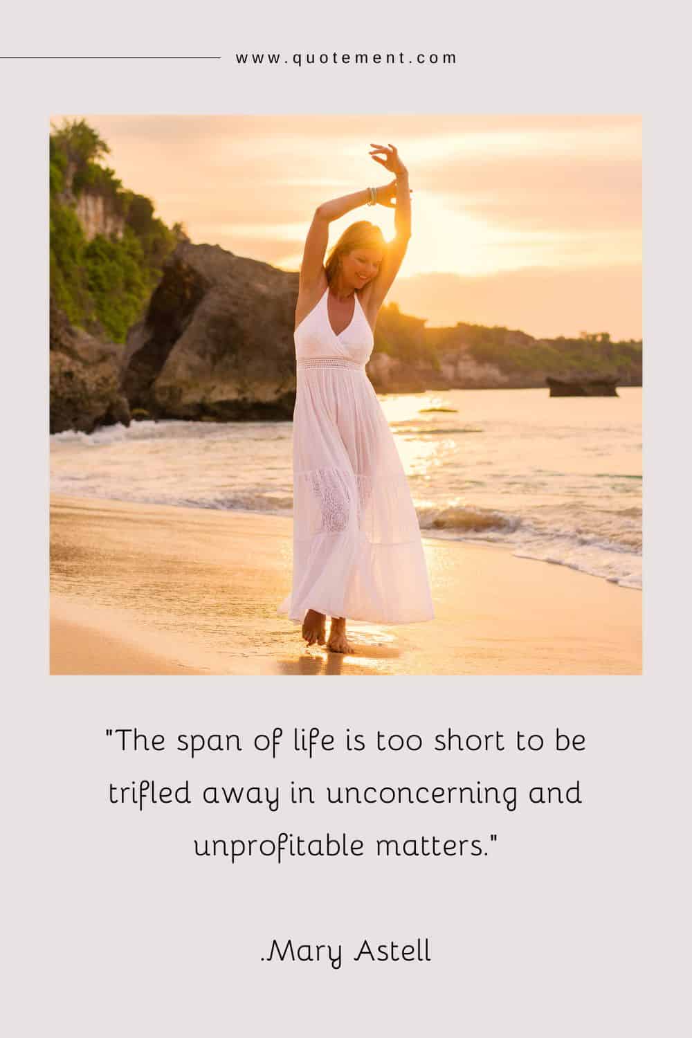 a beautiful woman gracefully walking on the sand, arms lifted in happiness