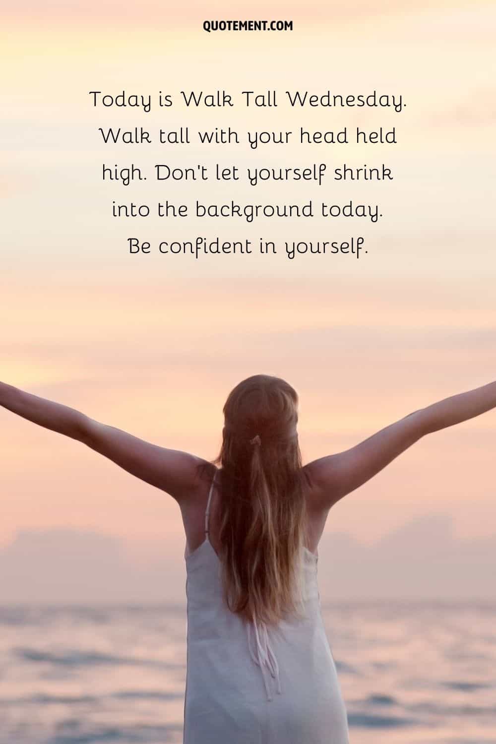 a girl at the beach with her arms raised representing positive Wednesday inspirational quote