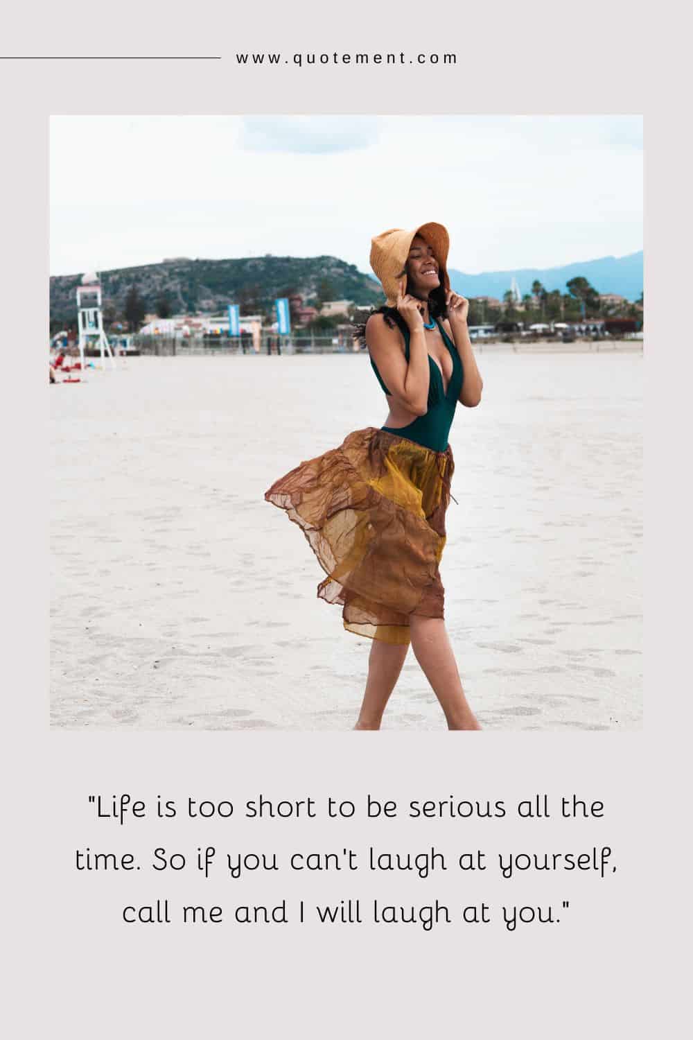 a happy girl stands on the sandy shore, holding her hat with a smile