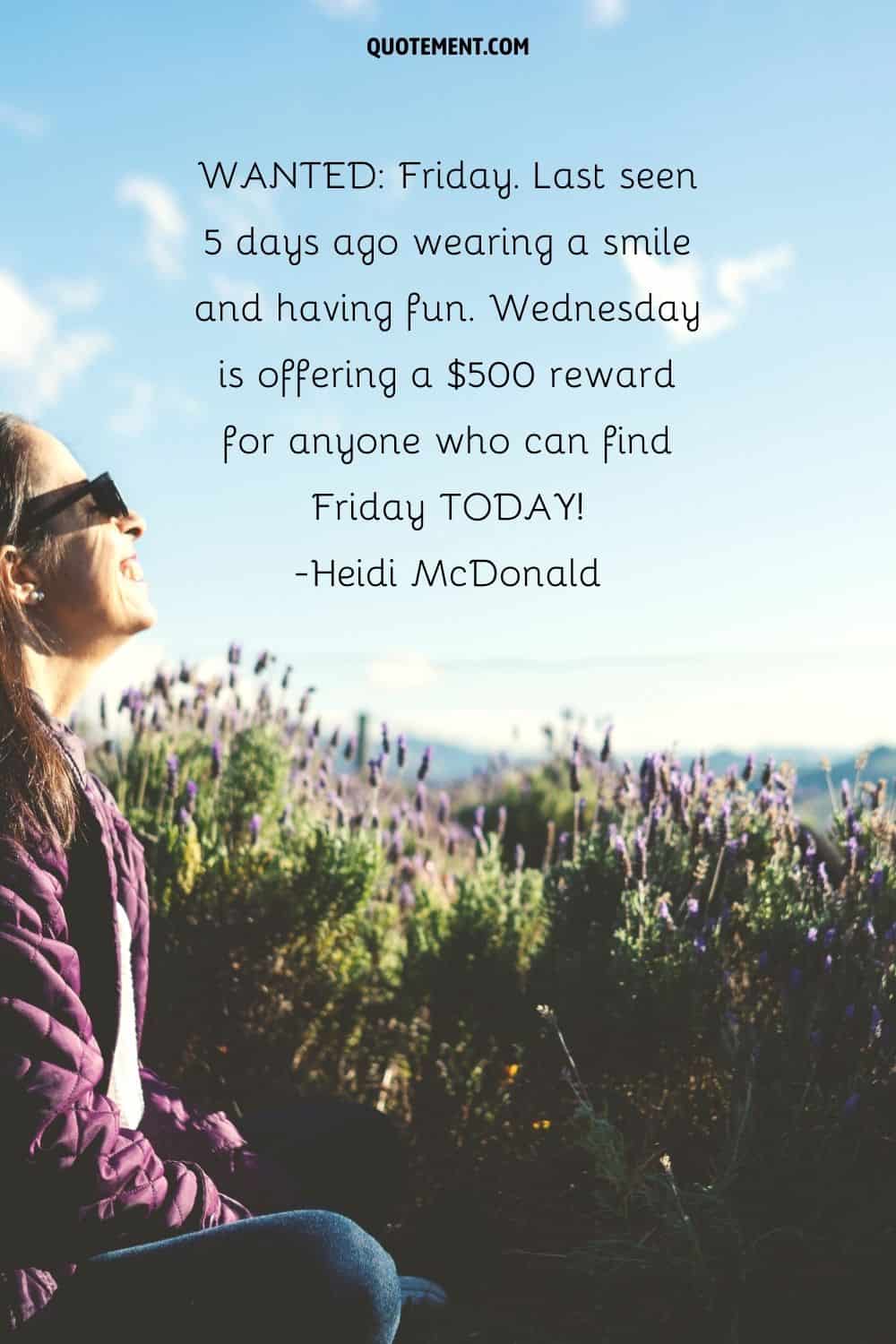 a smiling girl seated in a lavender field representing positive funny Wednesday quote