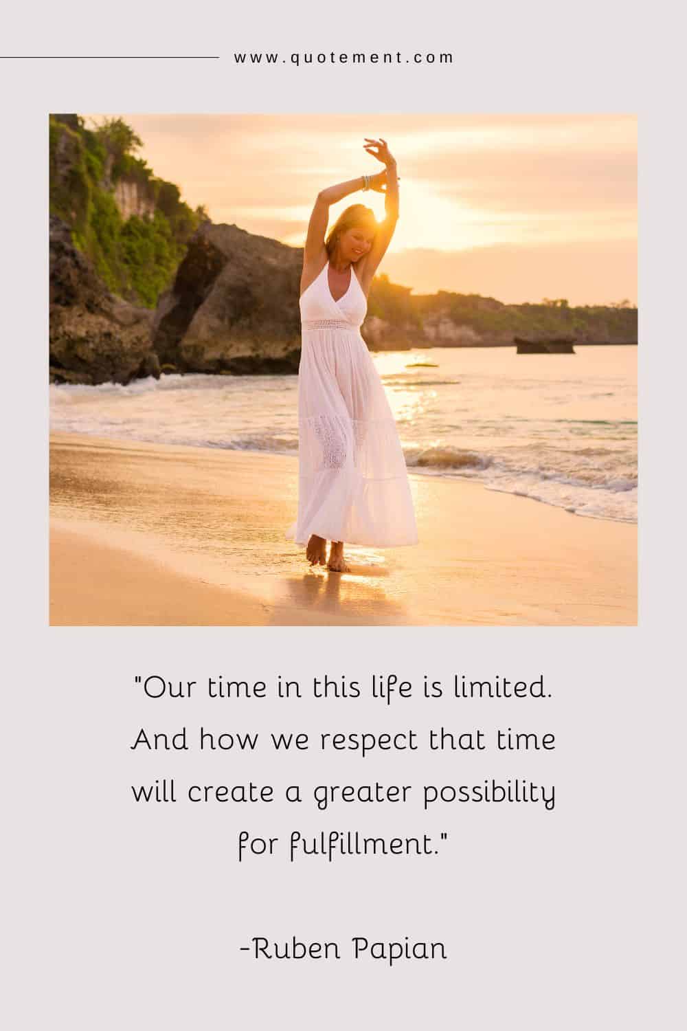 a young woman in a white dress, walking on the beach, arms raised in pure joy