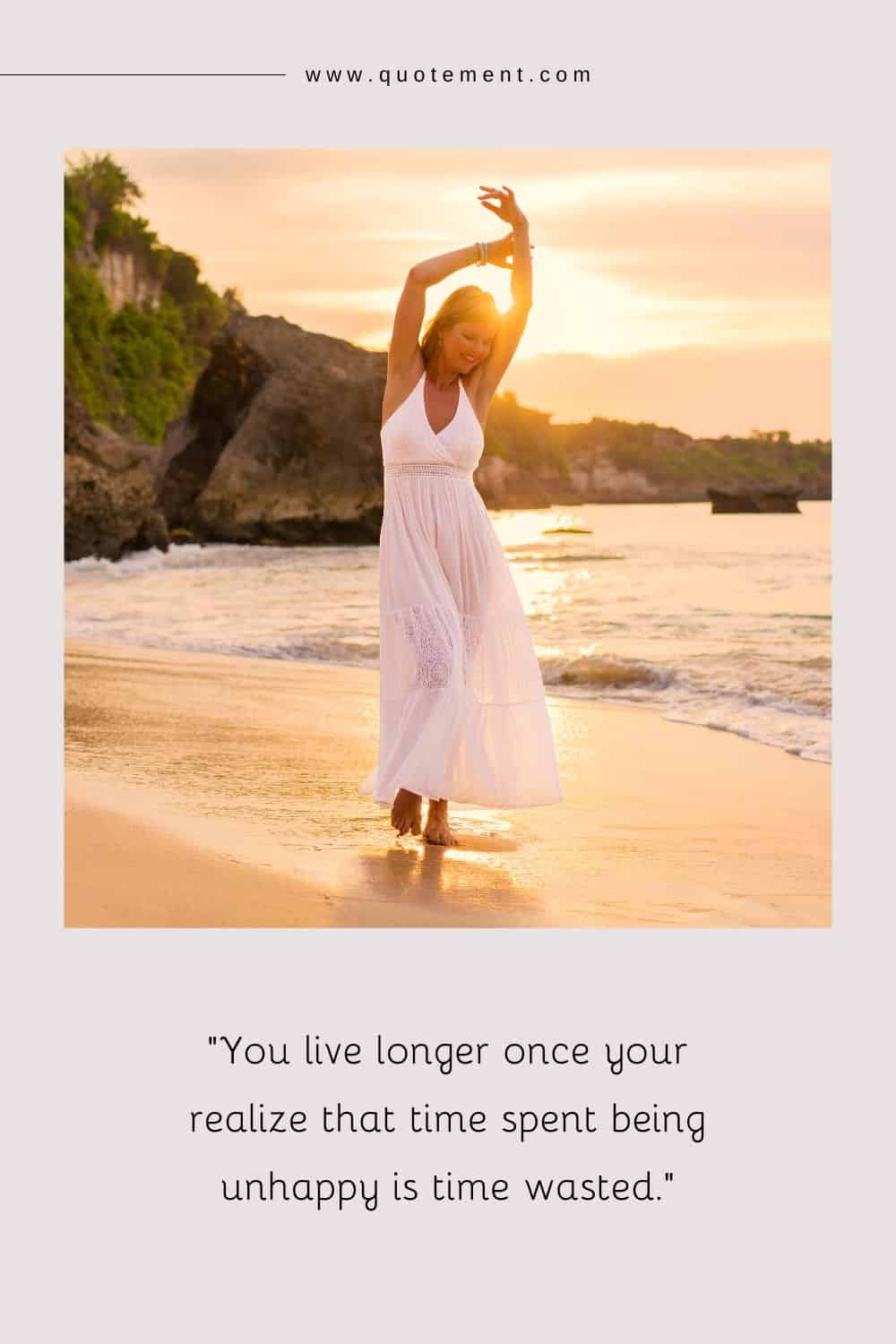 a young woman in white dress, with arms stretched high, enjoying the beach