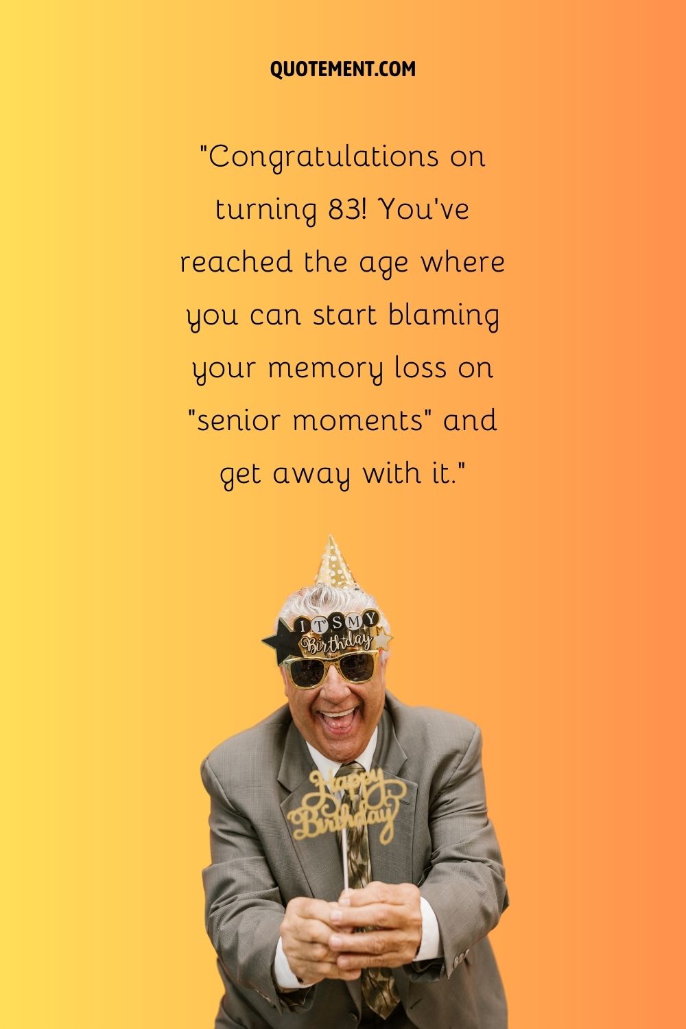 a cheerful elderly man in a suit holding a happy birthday sign
