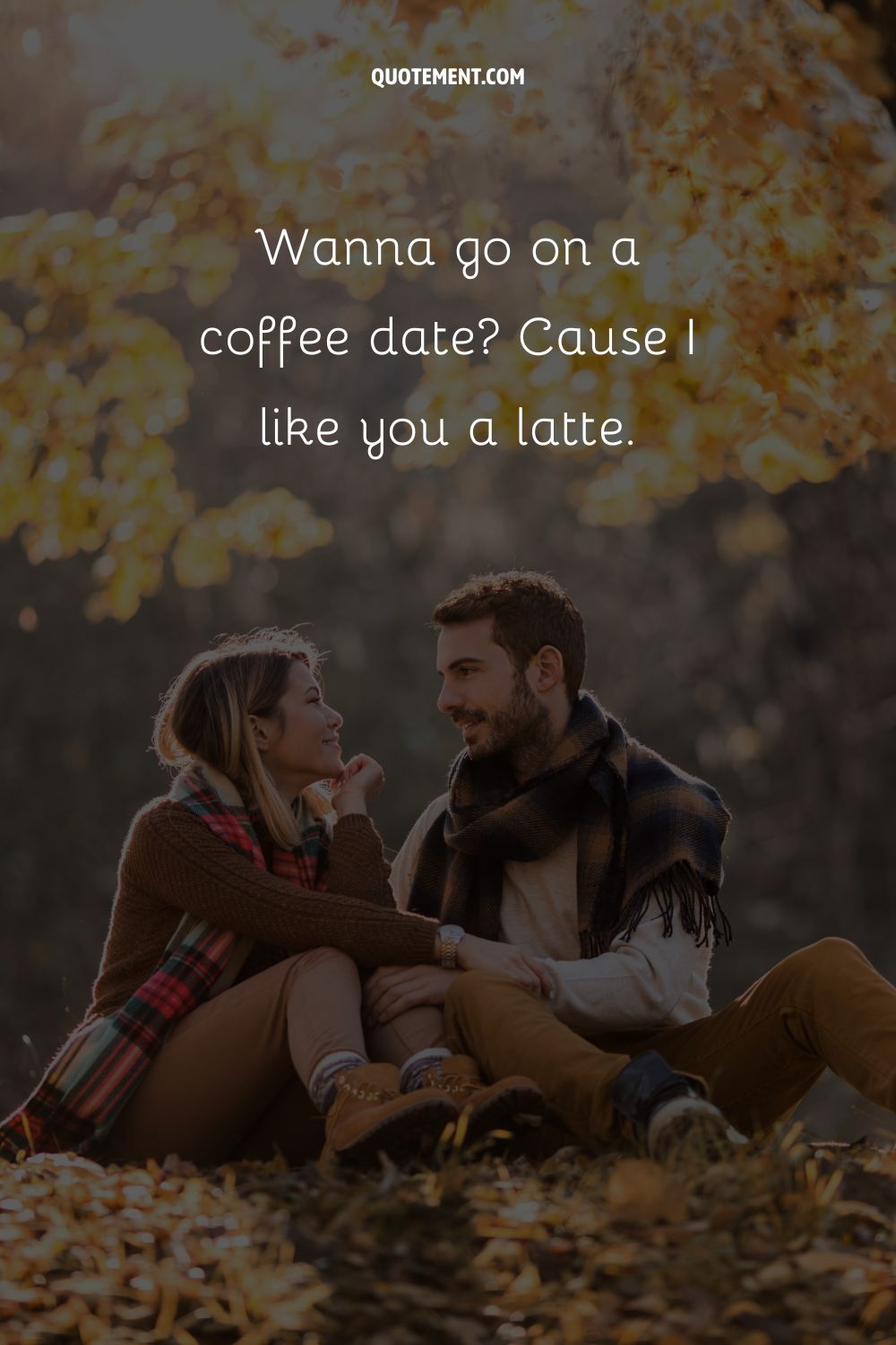 couple amidst autumn leaves sharing a loving gaze representing the best autumn pick up line