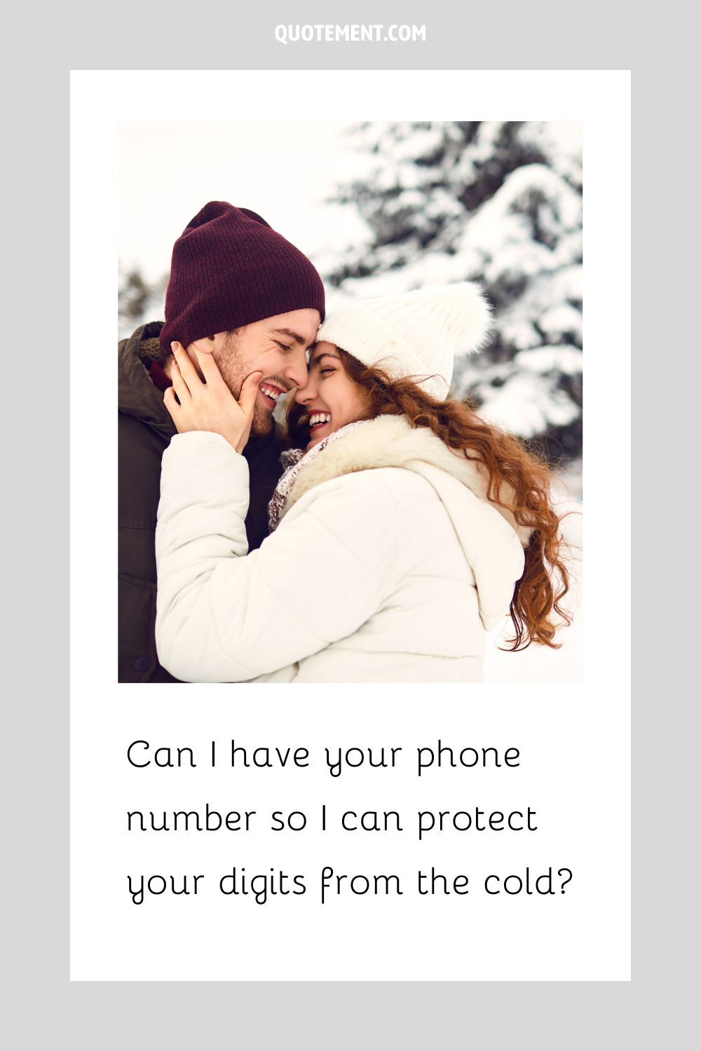 a couple in a loving embrace against a snowy backdrop