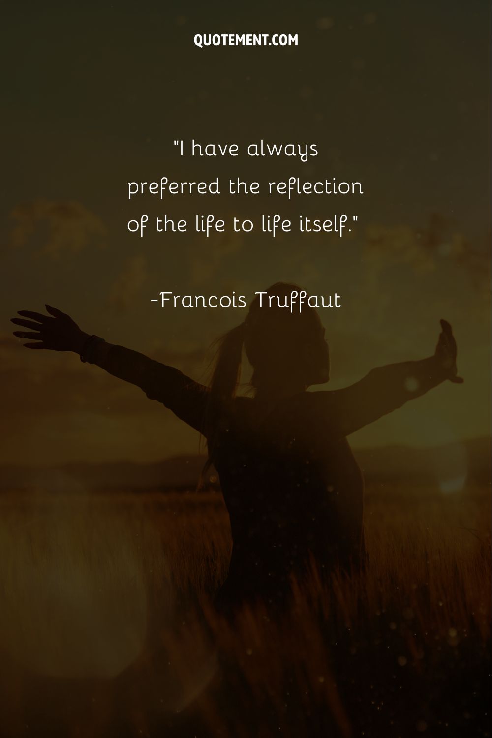 A silhouette of a woman with arms raised in a field at dusk representing a quote about life reflection