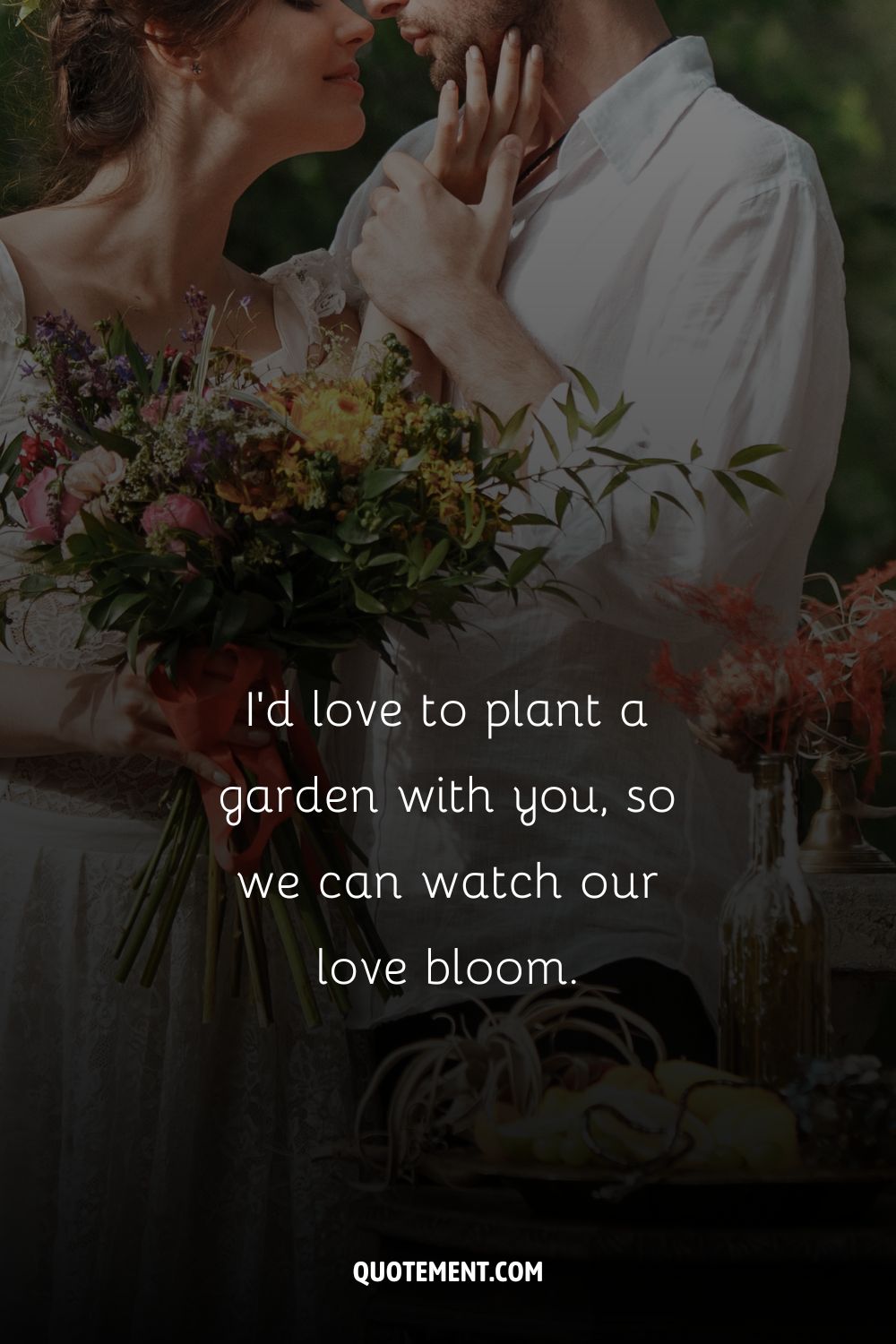 a couple about to kiss while holding bouquet of flowers representing lines on flowers 